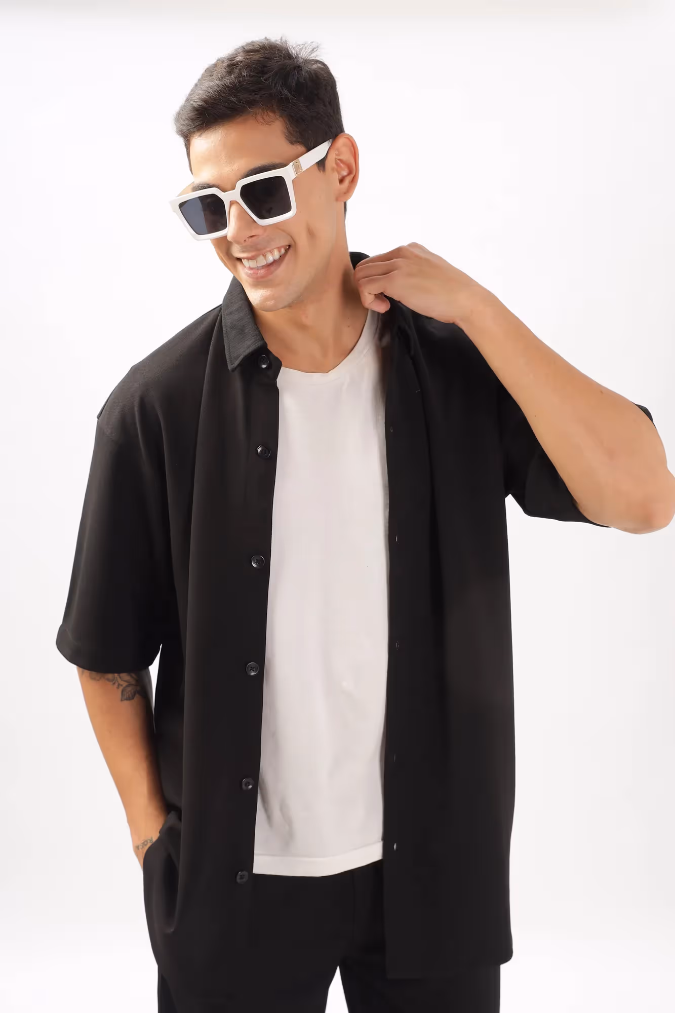 Solid Cotton Blend Oversized Shirt Slate image 1