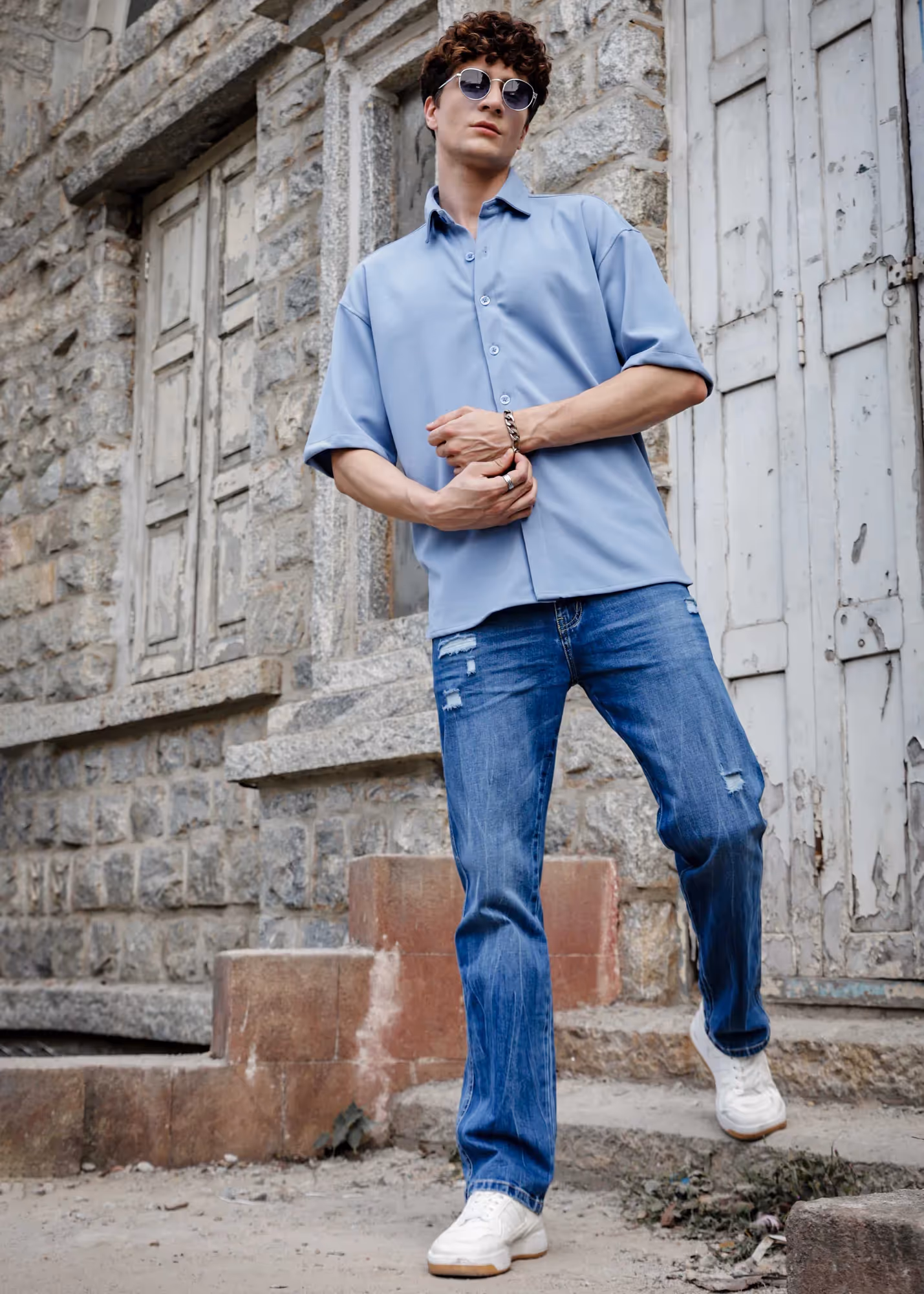 Solid Cotton Blend Oversized Shirt Thunder image 1