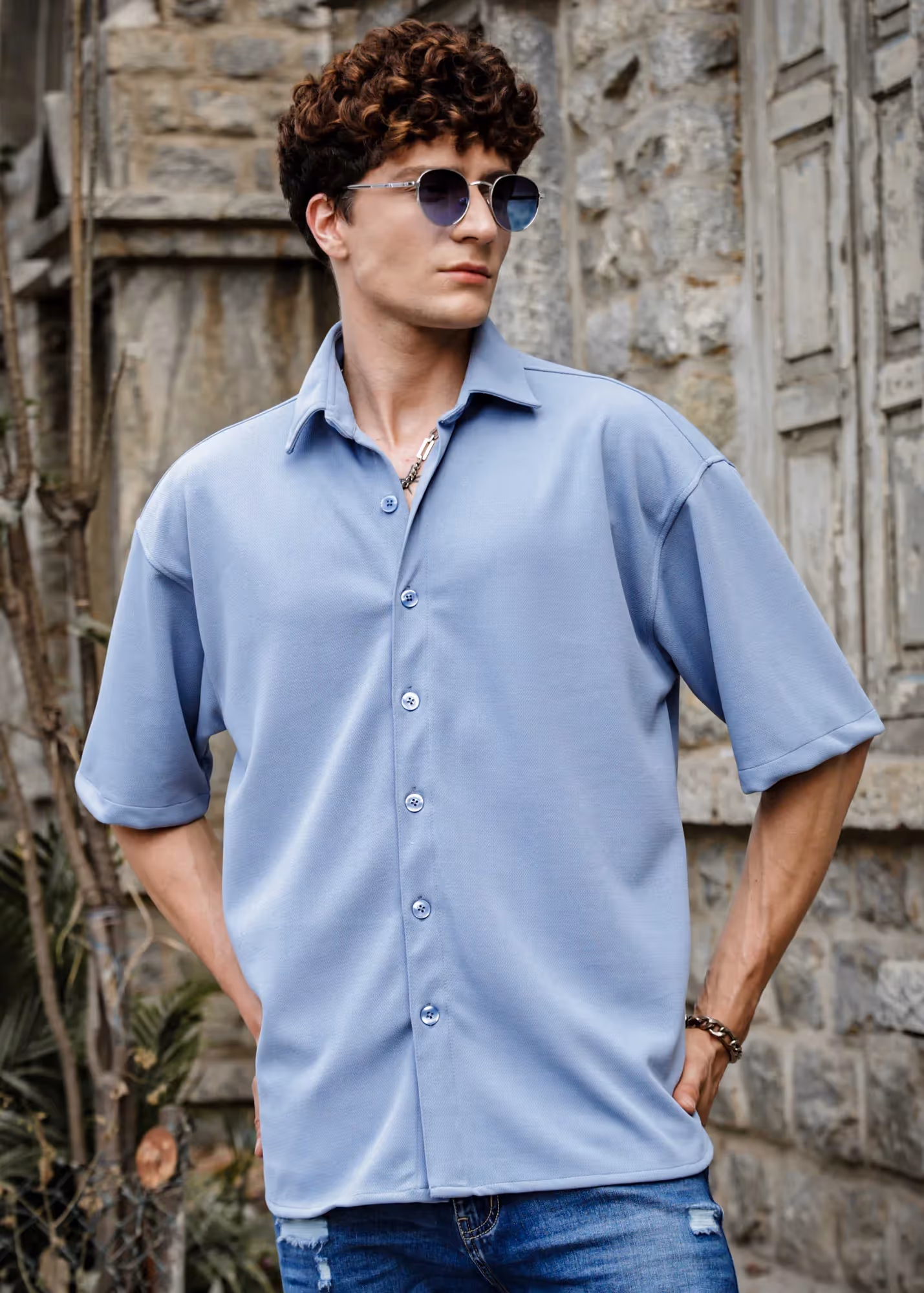 Solid Cotton Blend Oversized Shirt Thunder image 2