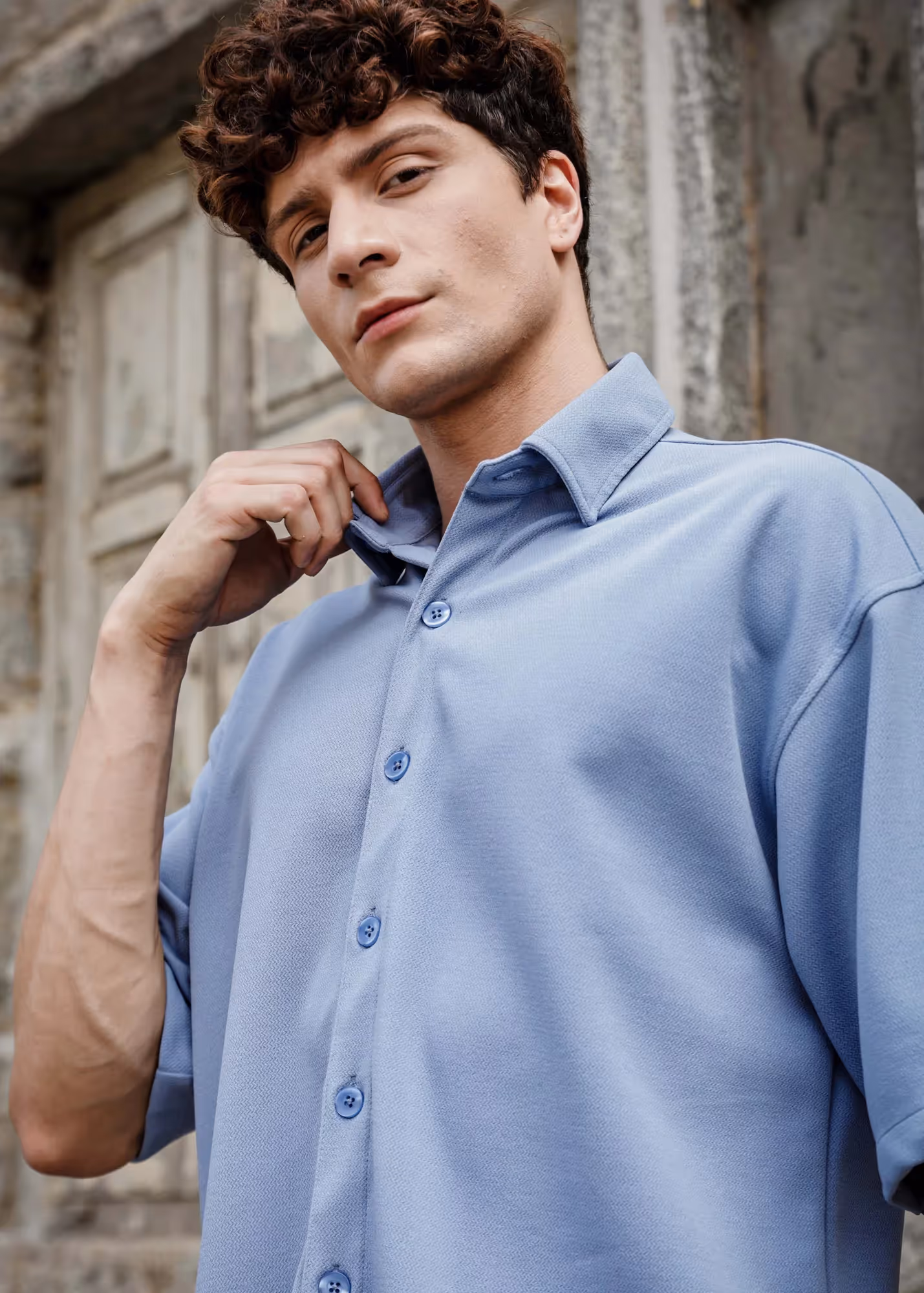 Solid Cotton Blend Oversized Shirt Thunder image 3