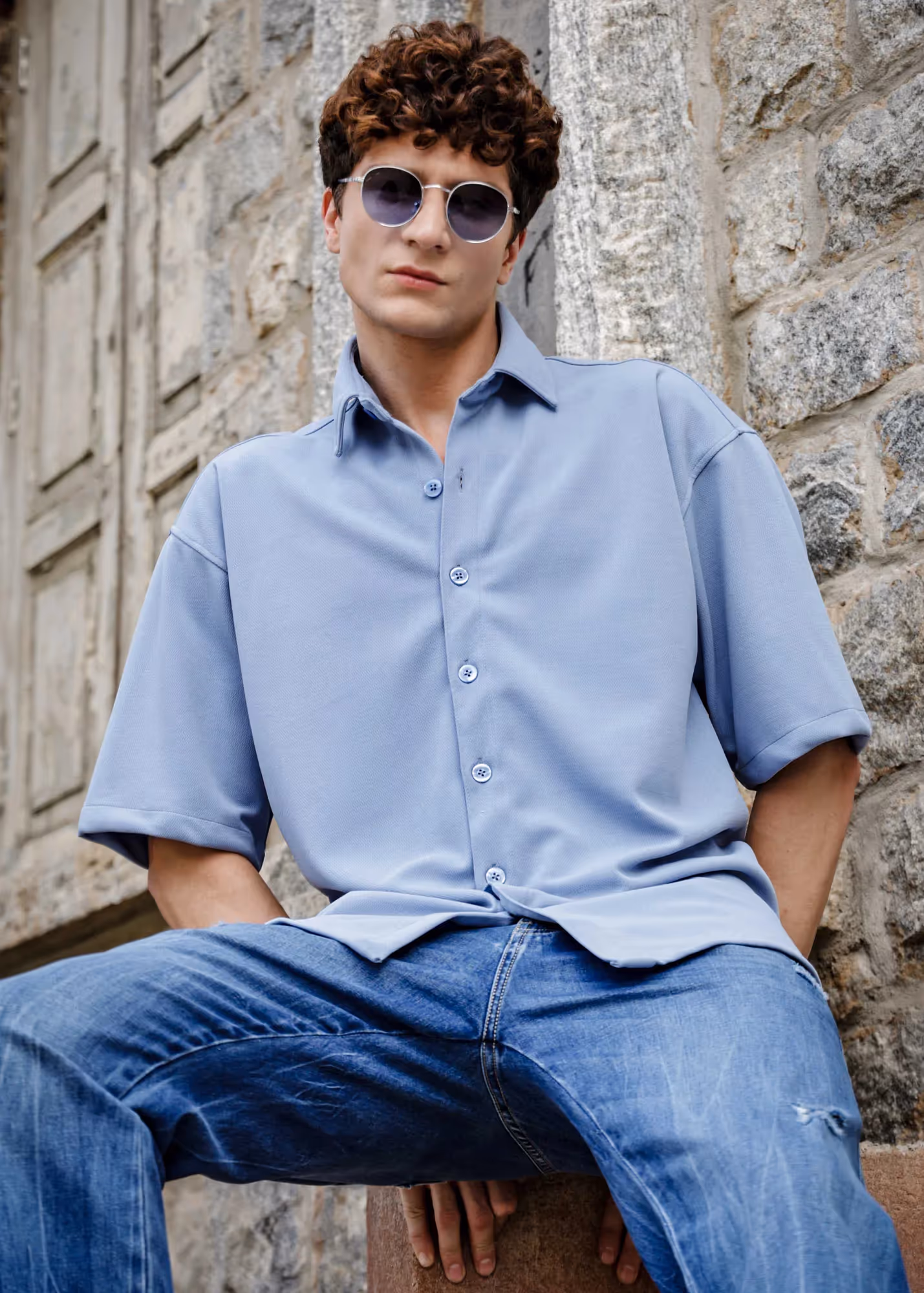 Solid Cotton Blend Oversized Shirt Thunder image 5