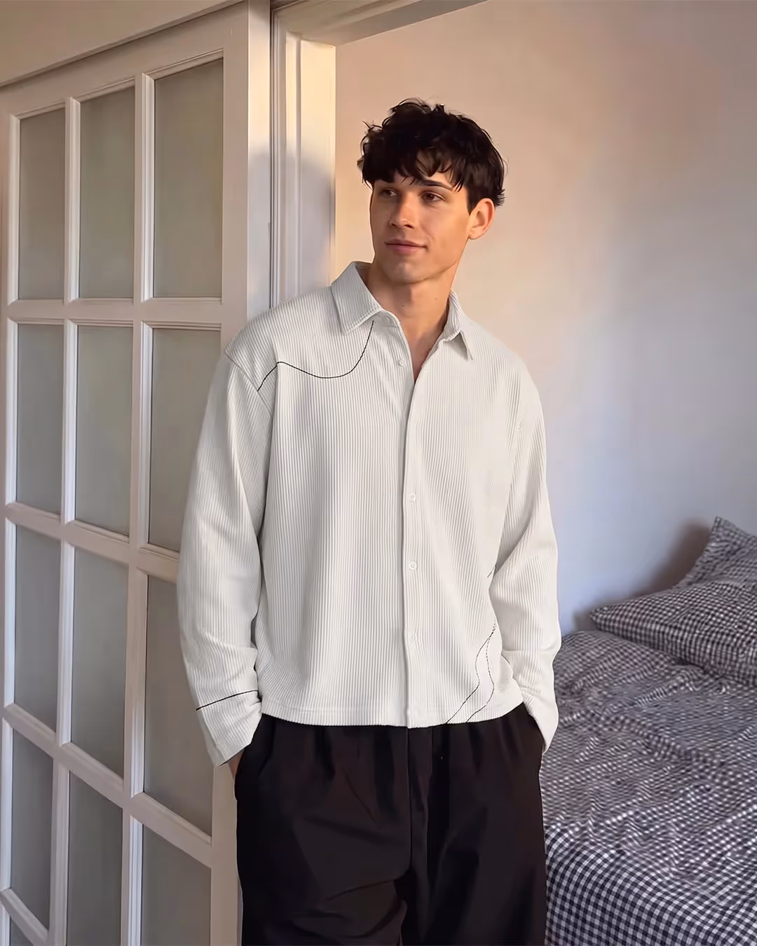 Abstract Off White Ribbed Shirt image 5