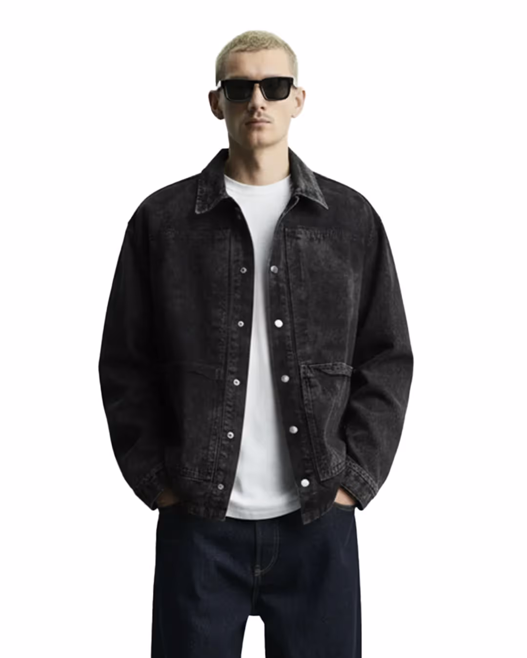 Black Long Sleeve Stitched Denim Overshirt  image 1