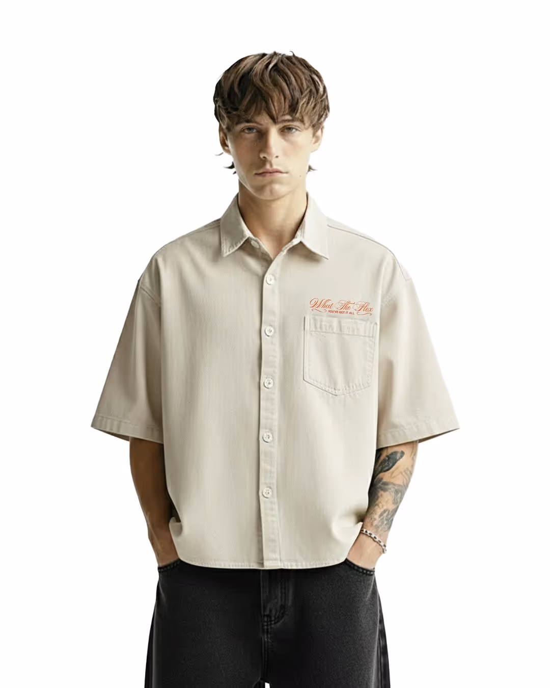 Unbothered Cream Half Sleeve Denim Shirt image 2
